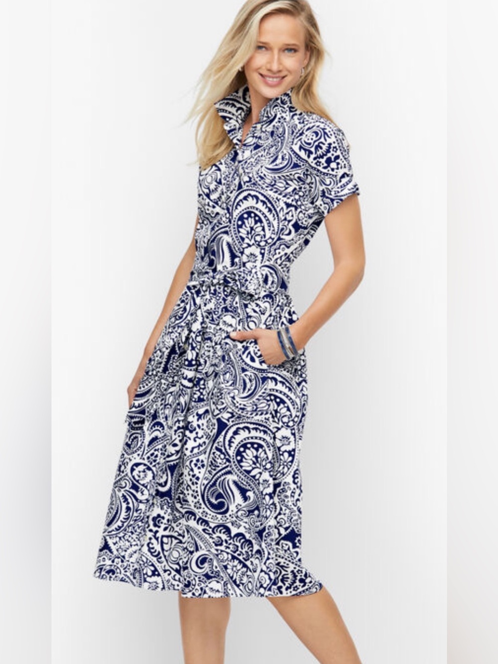 TALBOTS Blue Paisley Shirt Dress with Tie Waist Size 18